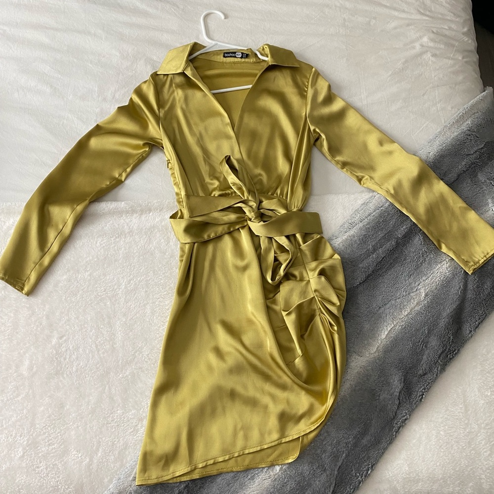 Silk mustard midi dress.